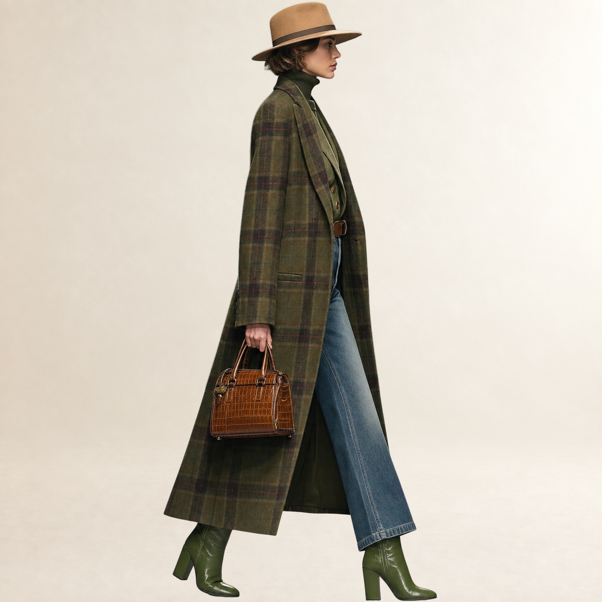 Coat for Women Long Plaid Design with Lapel - Loose Fit