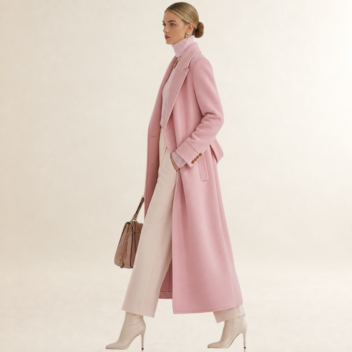 Coat for Women Longline Tailored Double-Breasted with Notched Lapel - Regular Fit