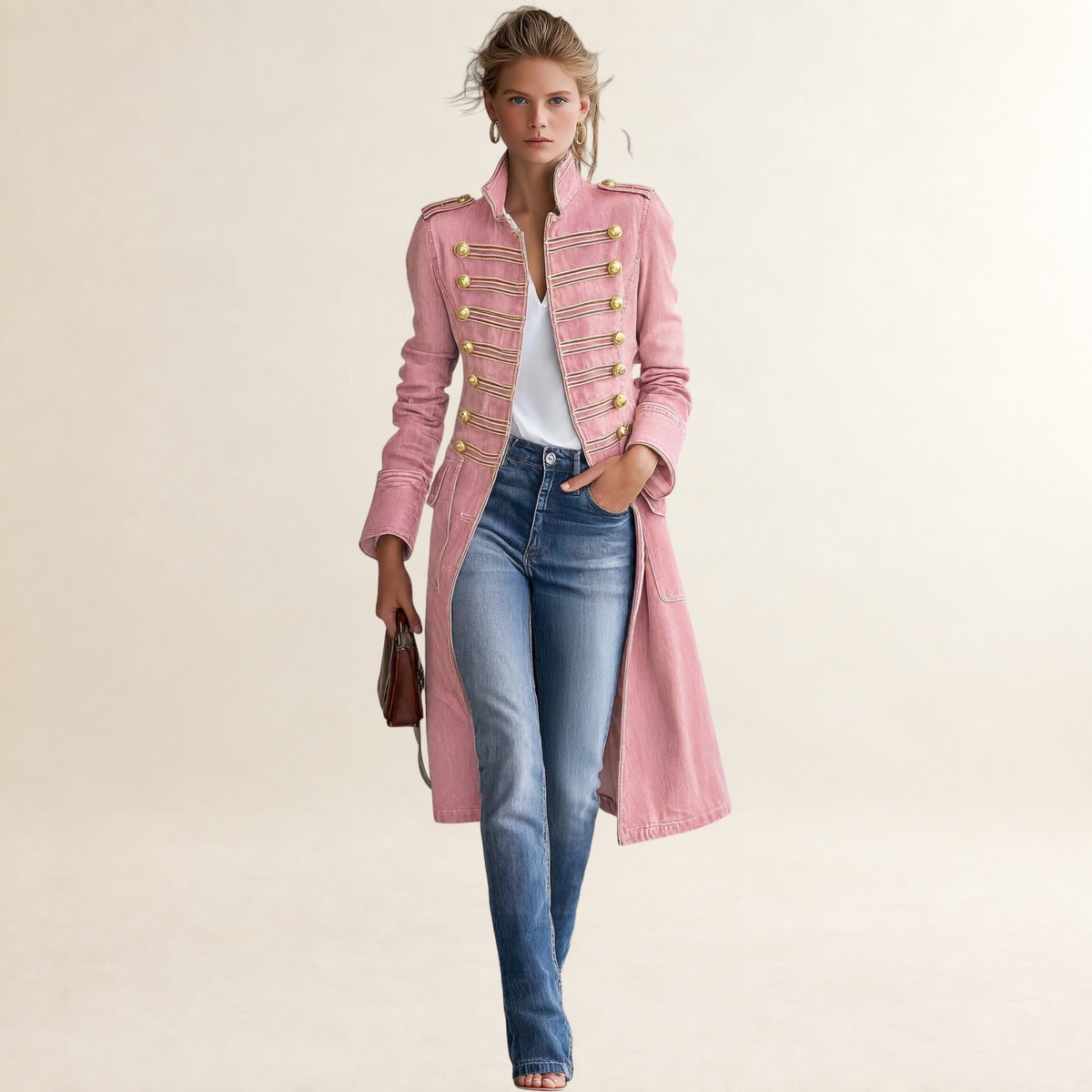 Coat for Women Military-Style Longline with Gold Buttons - Tailored Fit