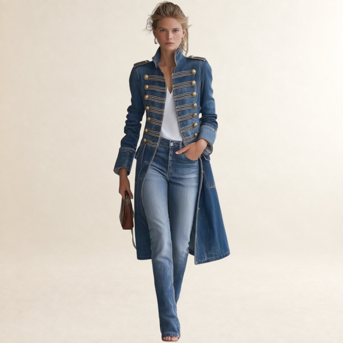 Coat for Women Military-Style Longline with Gold Buttons - Tailored Fit