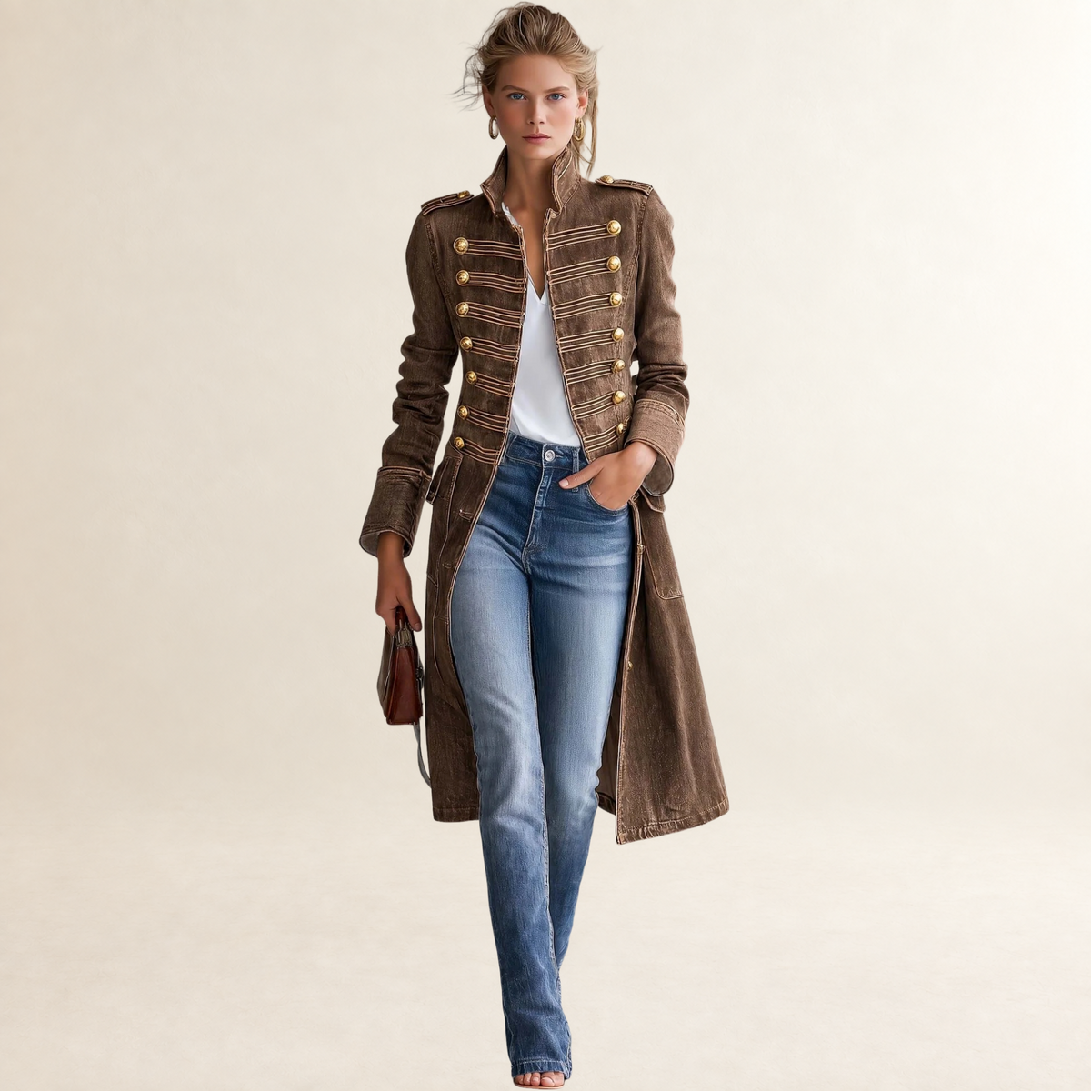 Coat for Women Military-Style Longline with Gold Buttons - Tailored Fit