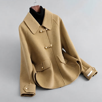 Coat for Women with Pearl Button Closure and Distinctive Collar - Relaxed Fit