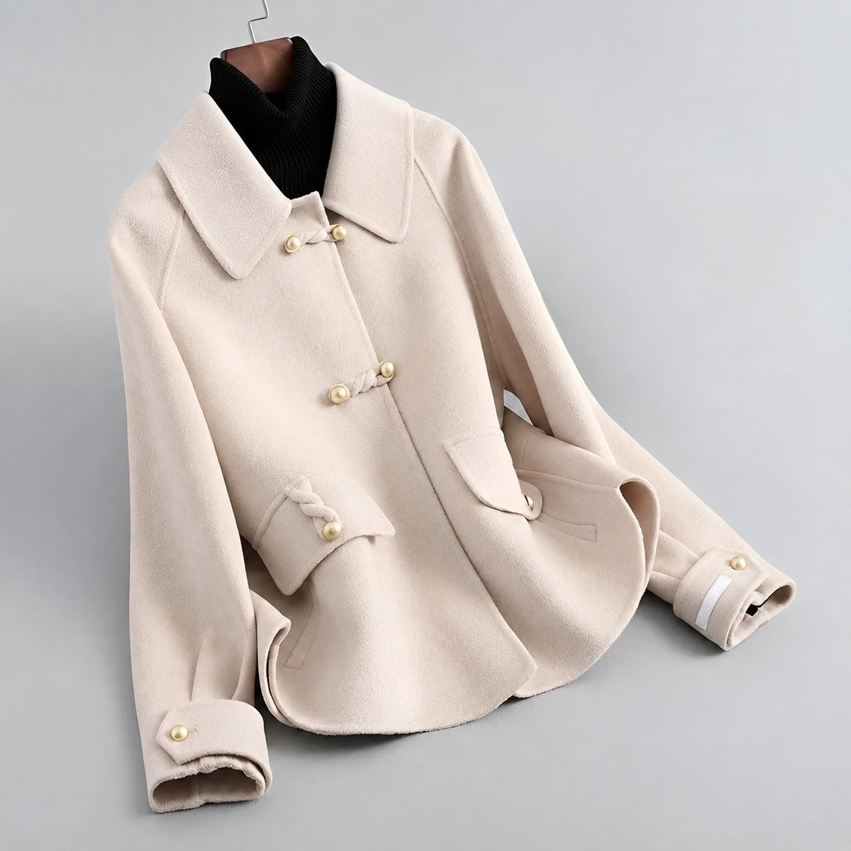 Coat for Women with Pearl Button Closure and Distinctive Collar - Relaxed Fit