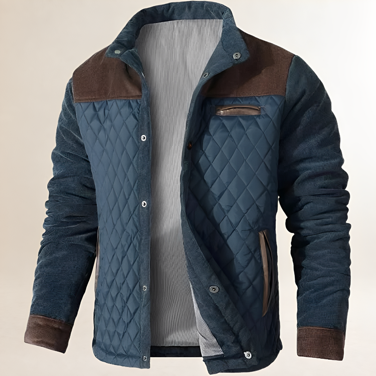Dapper Jacket for Men, Diamond-Quilted Front and Back, Stand Collar, Snap-Button Front, Chest Zip and Welt Pockets, Regular Fit