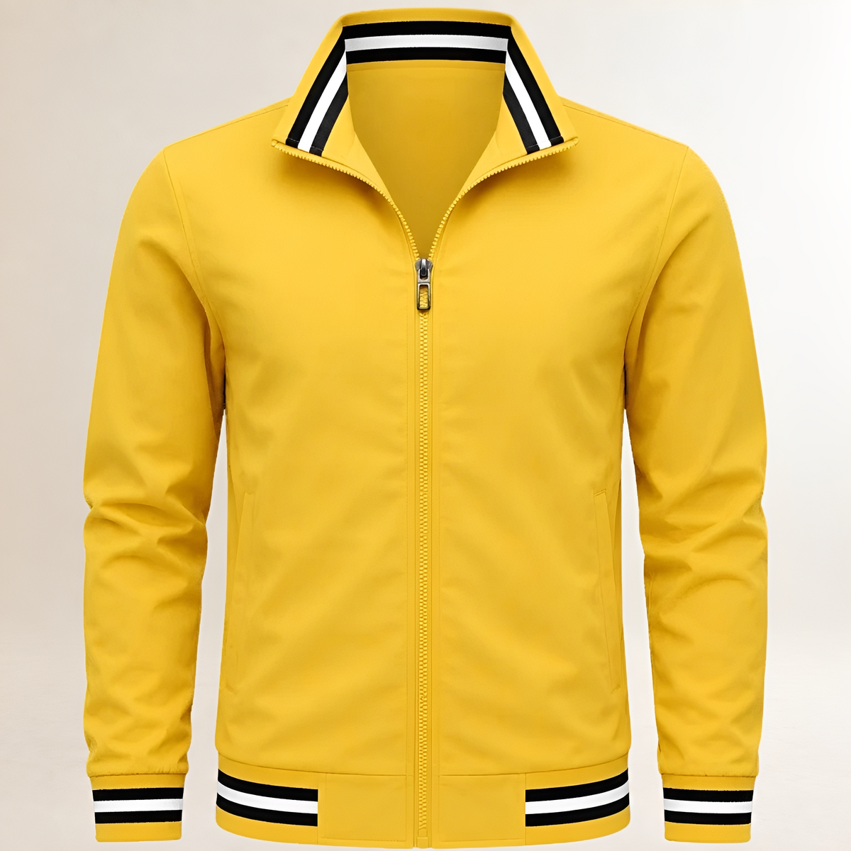 Dapper Jacket Men's bomber-style zip-front with stand collar, striped ribbed cuffs & hem, side pockets, regular fit