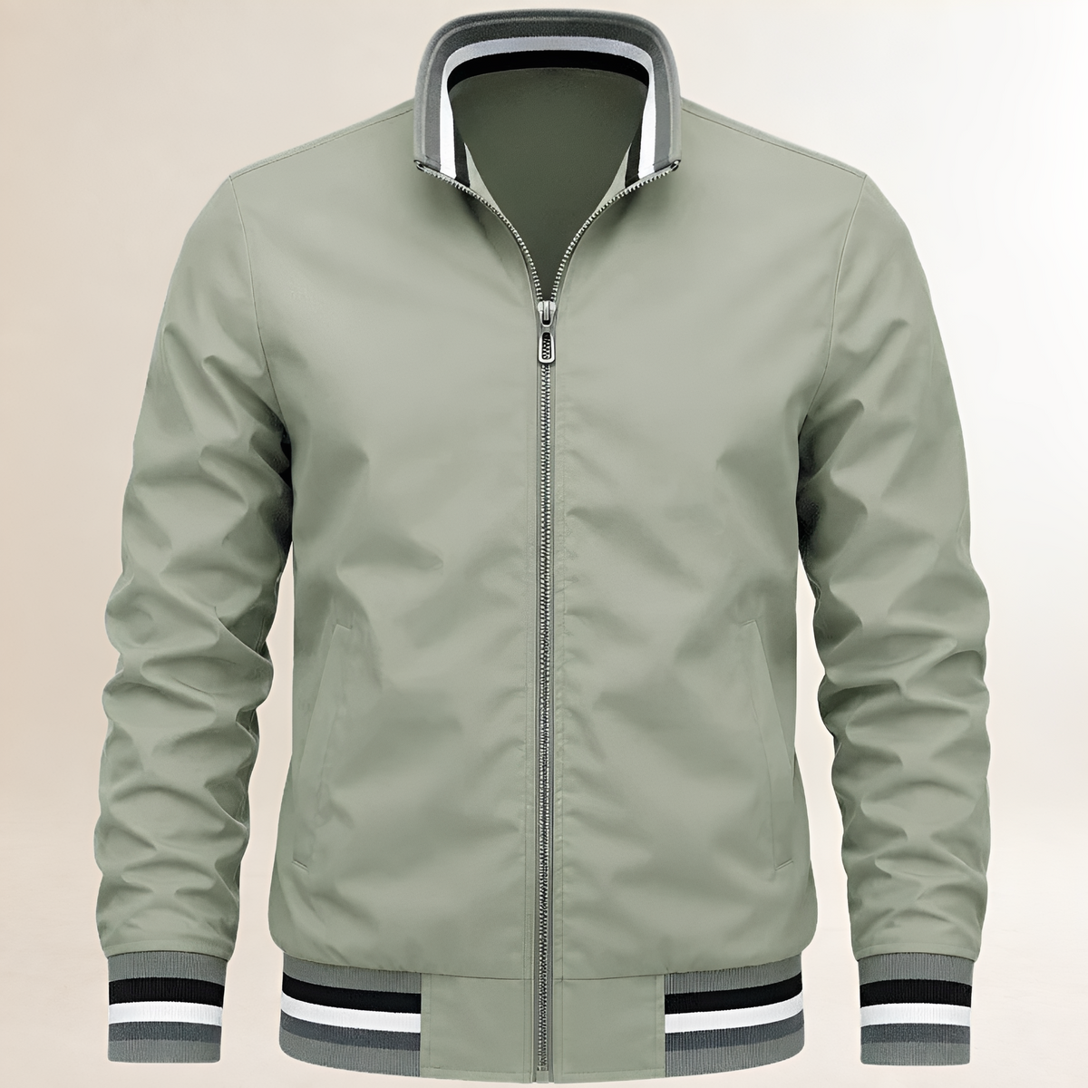 Dapper Jacket Men's bomber-style zip-front with stand collar, striped ribbed cuffs & hem, side pockets, regular fit
