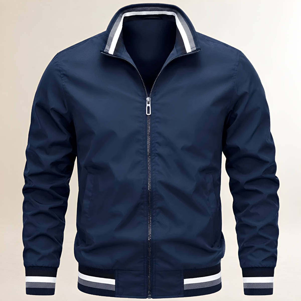 Dapper Jacket Men's bomber-style zip-front with stand collar, striped ribbed cuffs & hem, side pockets, regular fit