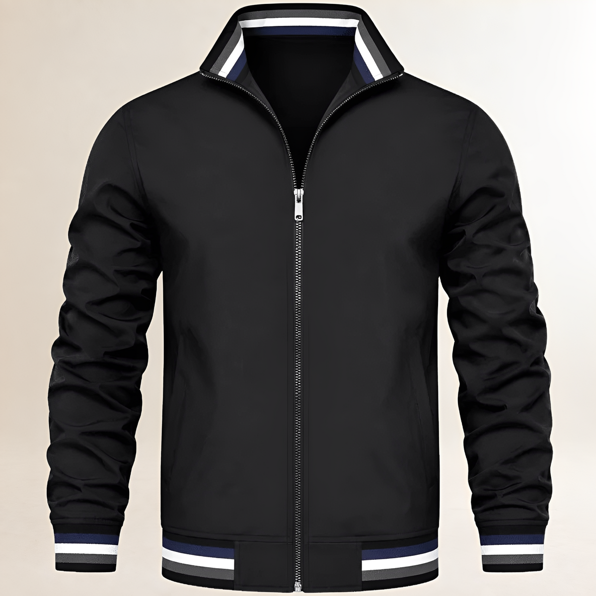 Dapper Jacket Men's bomber-style zip-front with stand collar, striped ribbed cuffs & hem, side pockets, regular fit