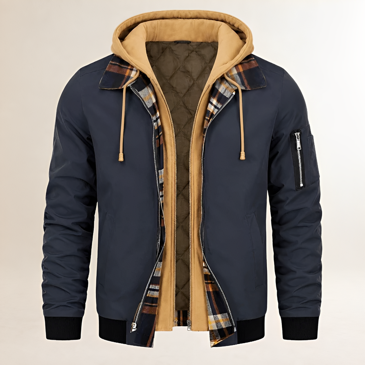 Dapper Jacket - Men's Dual-Layer Hooded Bomber with Arm Zip Pocket and Plaid Lining, Regular Fit
