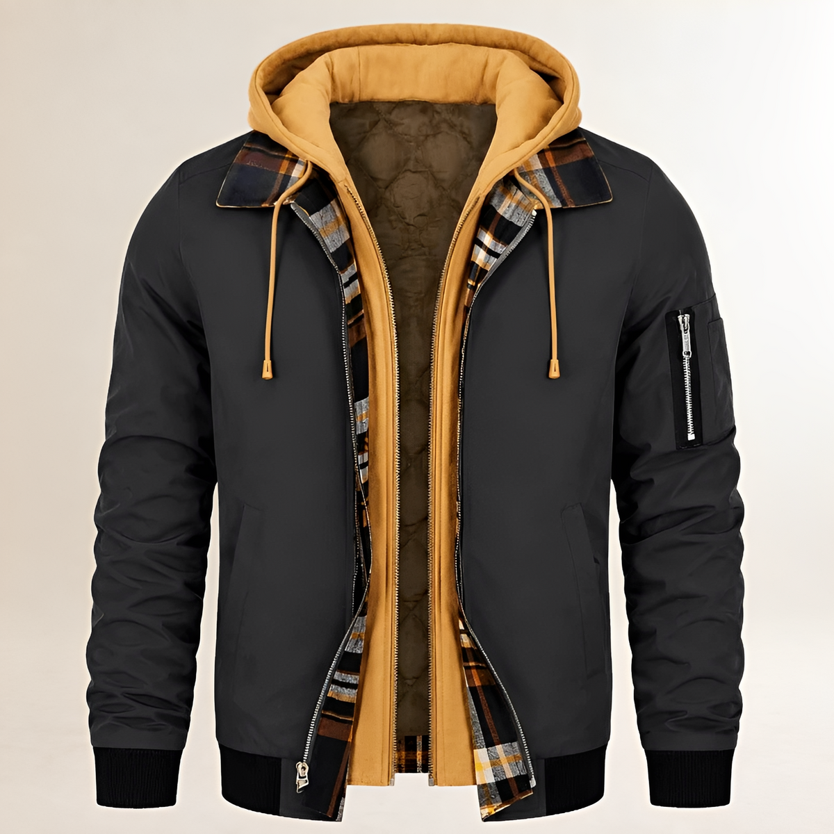 Dapper Jacket - Men's Dual-Layer Hooded Bomber with Arm Zip Pocket and Plaid Lining, Regular Fit