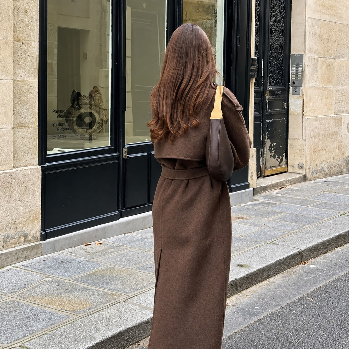 Double-Breasted Coat for Women - Long Sleeve, Classic Collar, Belted