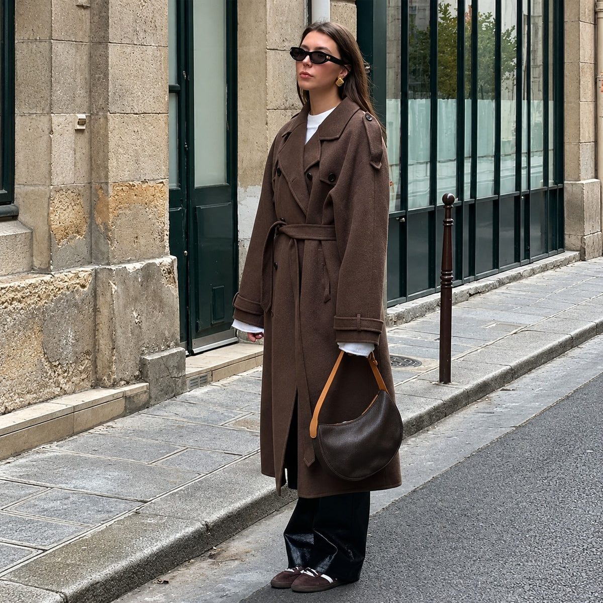 Double-Breasted Coat for Women - Long Sleeve, Classic Collar, Belted