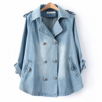 Double-Breasted Trench Coat for Women with Silver Button Accents and Epaulets - Relaxed Fit
