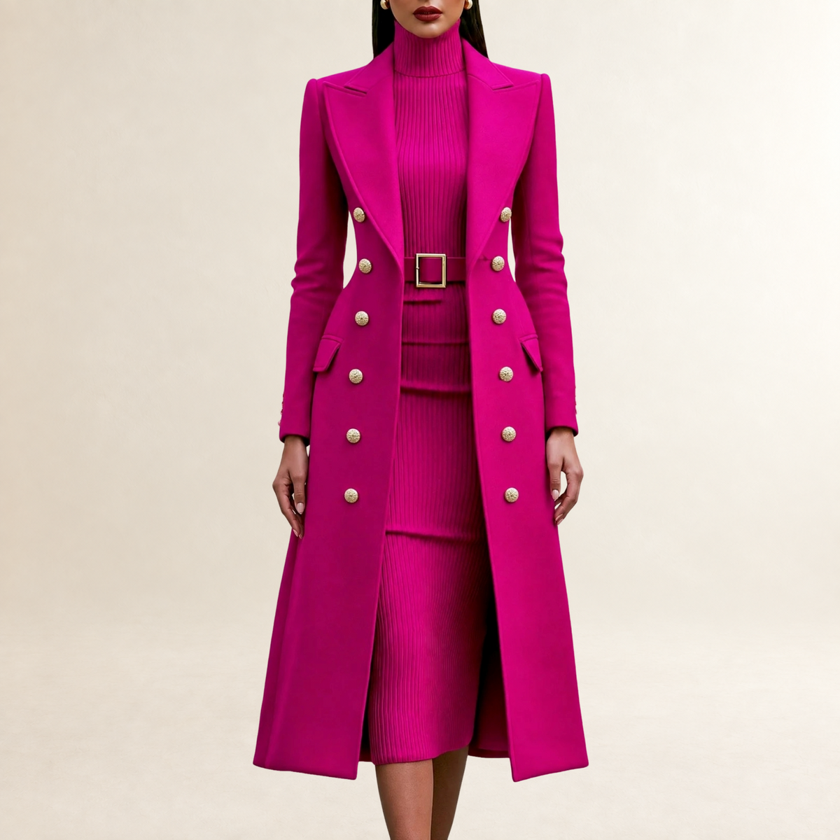 Dress Set Women Double-Breasted Maxi Coat with Turtleneck Midi Dress - Tailored Fit