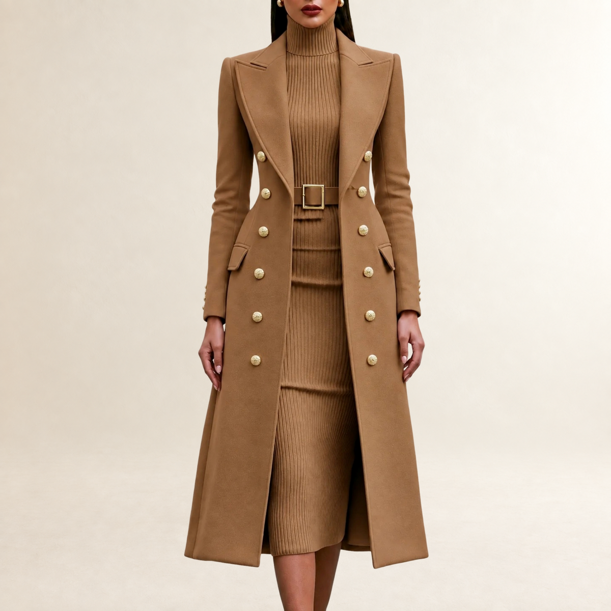 Dress Set Women Double-Breasted Maxi Coat with Turtleneck Midi Dress - Tailored Fit