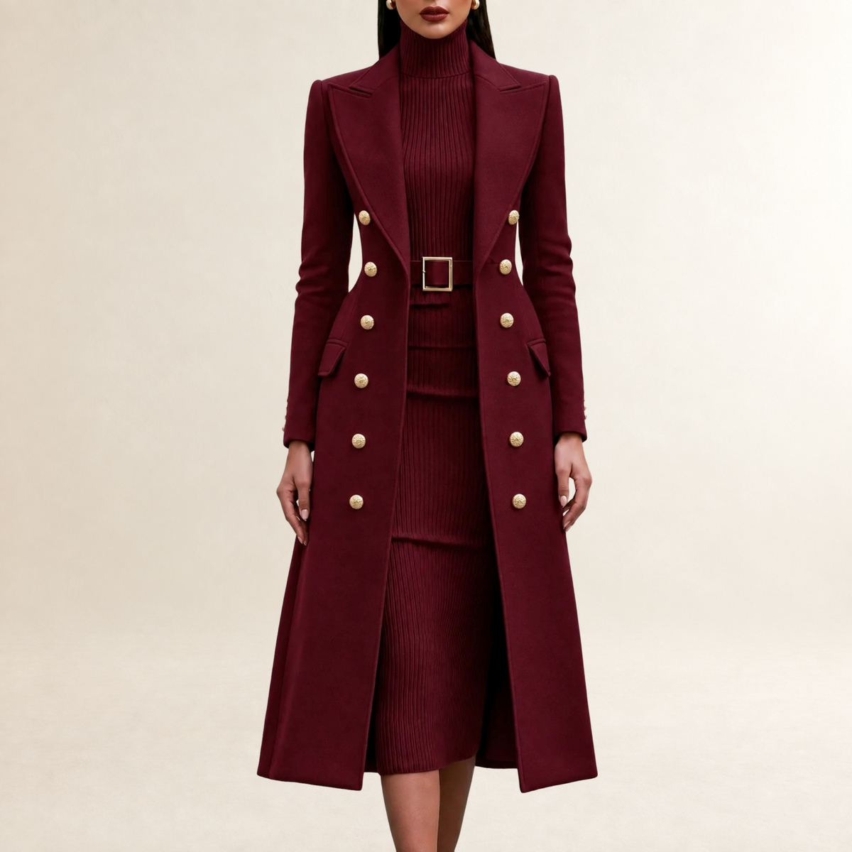 Dress Set Women Double-Breasted Maxi Coat with Turtleneck Midi Dress - Tailored Fit