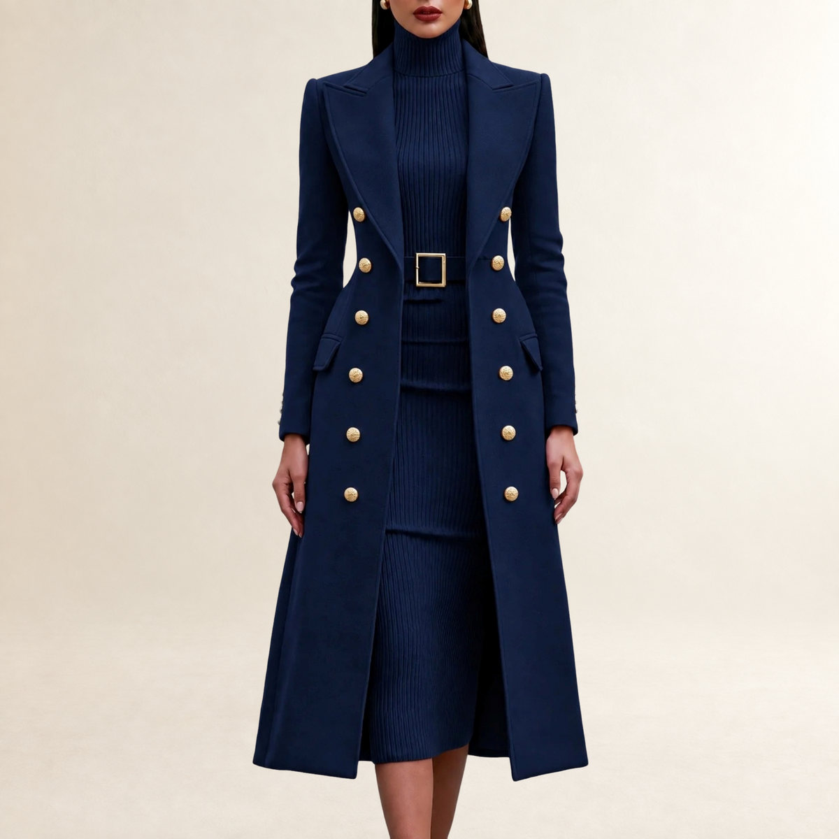 Dress Set Women Double-Breasted Maxi Coat with Turtleneck Midi Dress - Tailored Fit