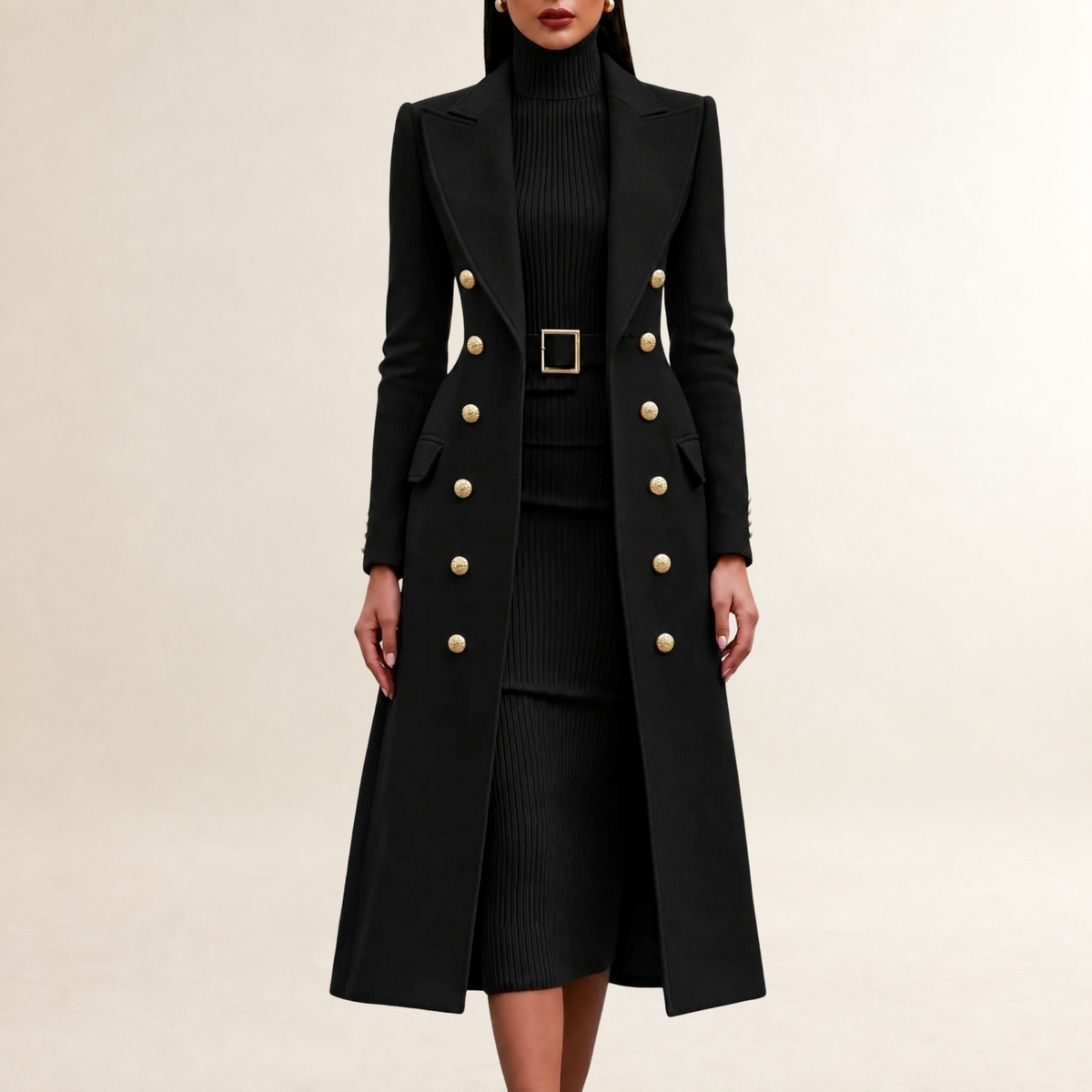 Dress Set Women Double-Breasted Maxi Coat with Turtleneck Midi Dress - Tailored Fit