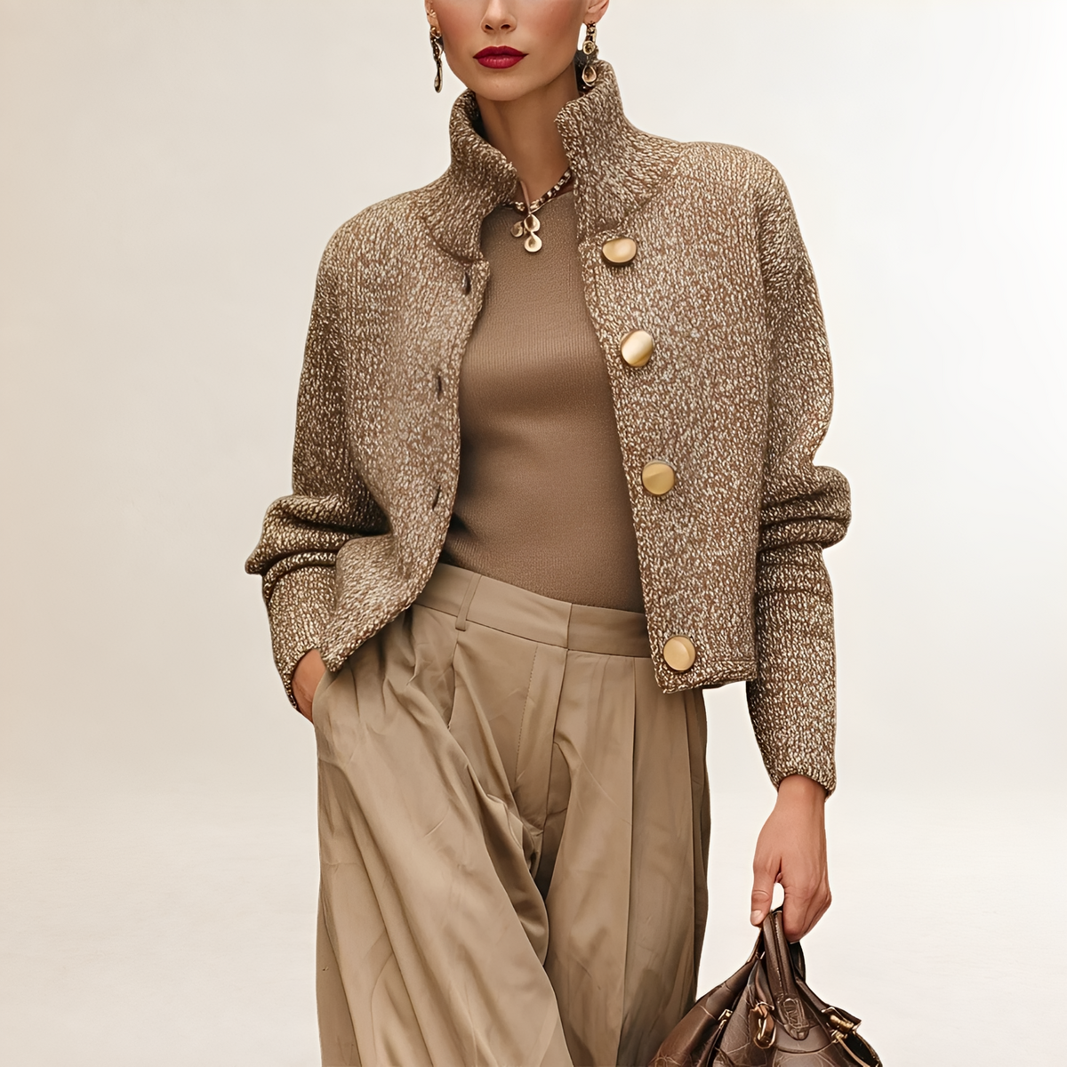 Elegant Cardigan for Women - High Collar with Button Closure and Relaxed Fit