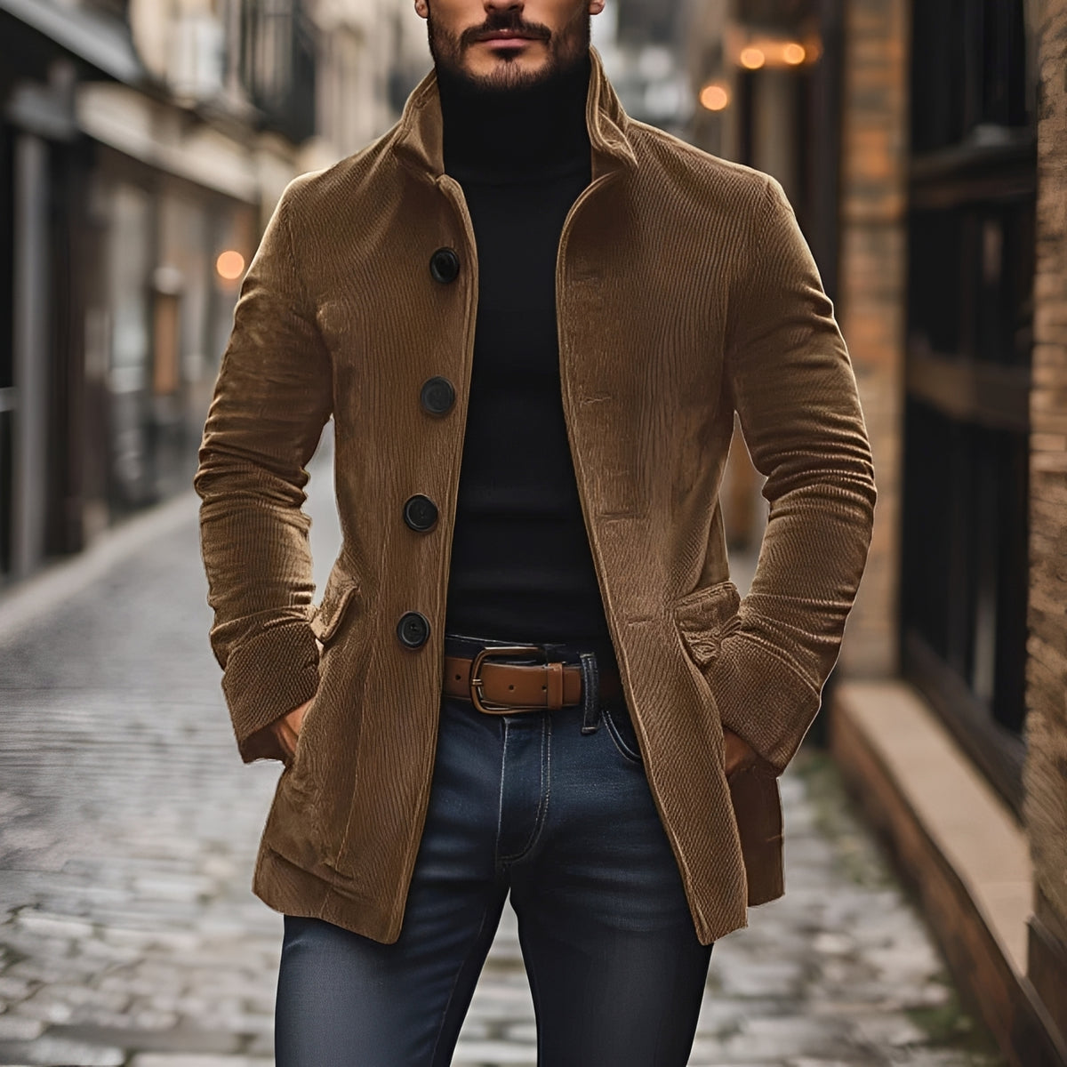 Fashion Jacket Peacoat Men Stand Collar with Button Closure - Slim Fit