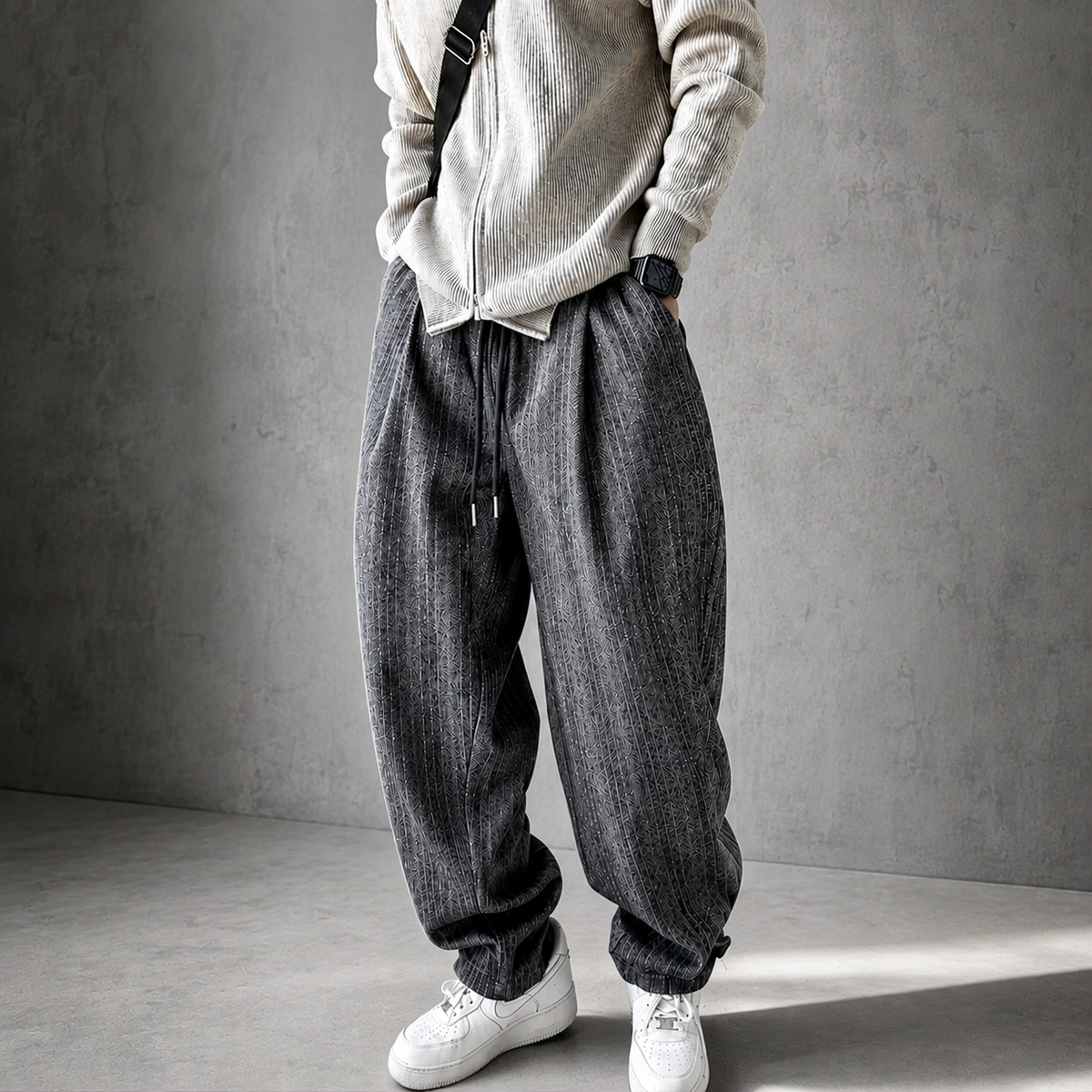 Harem Pants for Men - Relaxed Fit with Adjustable Drawstring Waist and Textured Pattern