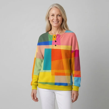 Henley blouse for women geometric block print, long sleeve, relaxed tunic fit