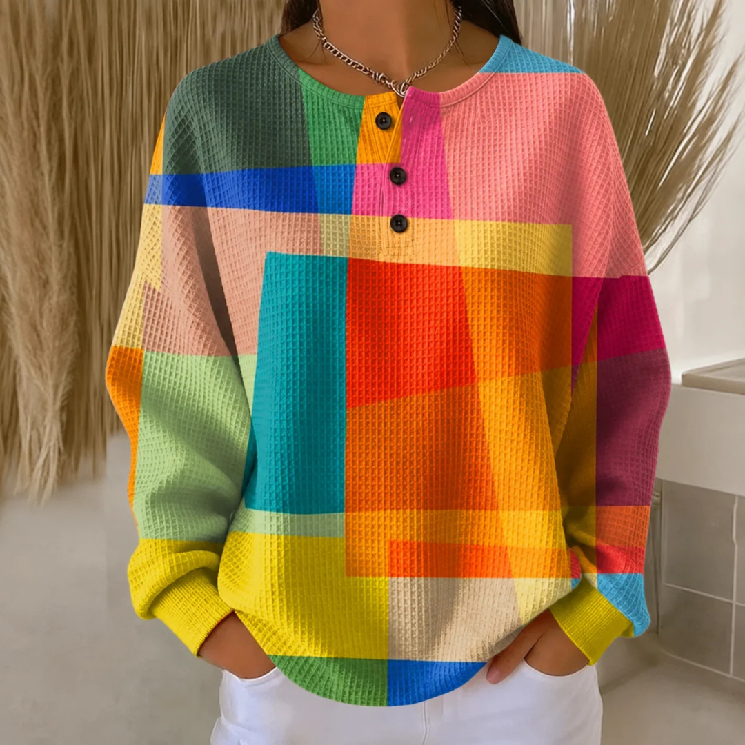 Henley blouse for women geometric block print, long sleeve, relaxed tunic fit