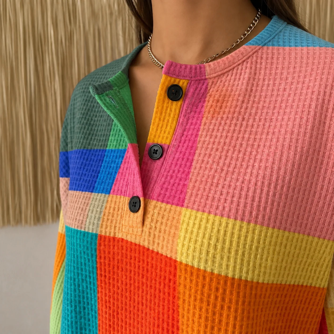 Henley blouse for women geometric block print, long sleeve, relaxed tunic fit