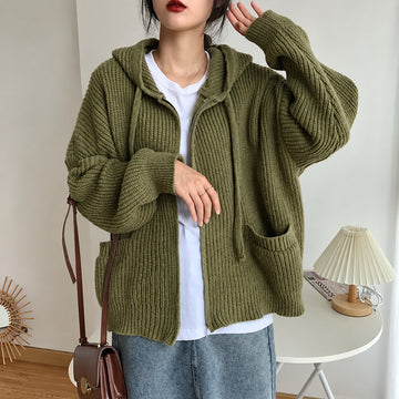 Hooded Cardigan for Women - Zip Closure with Pockets and Oversized Fit