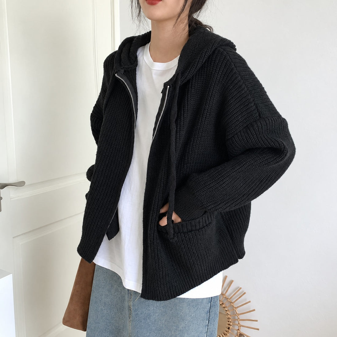 Hooded Cardigan for Women - Zip Closure with Pockets and Oversized Fit