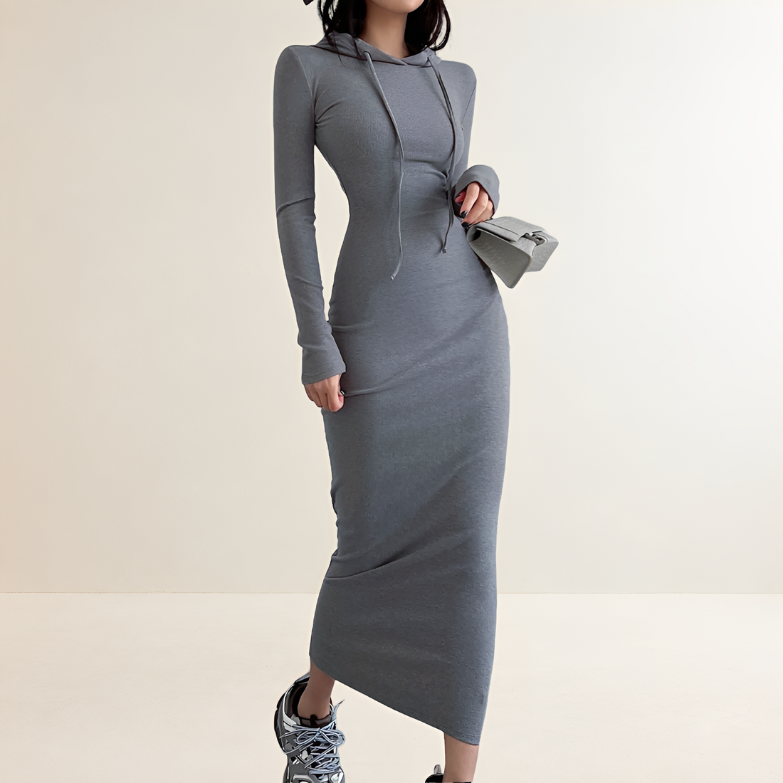 Hooded Dress Women Long Sleeve Midi - Regular Fit Drawstring Design