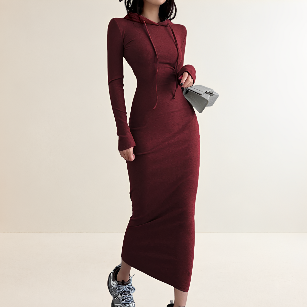Hooded Dress Women Long Sleeve Midi - Regular Fit Drawstring Design