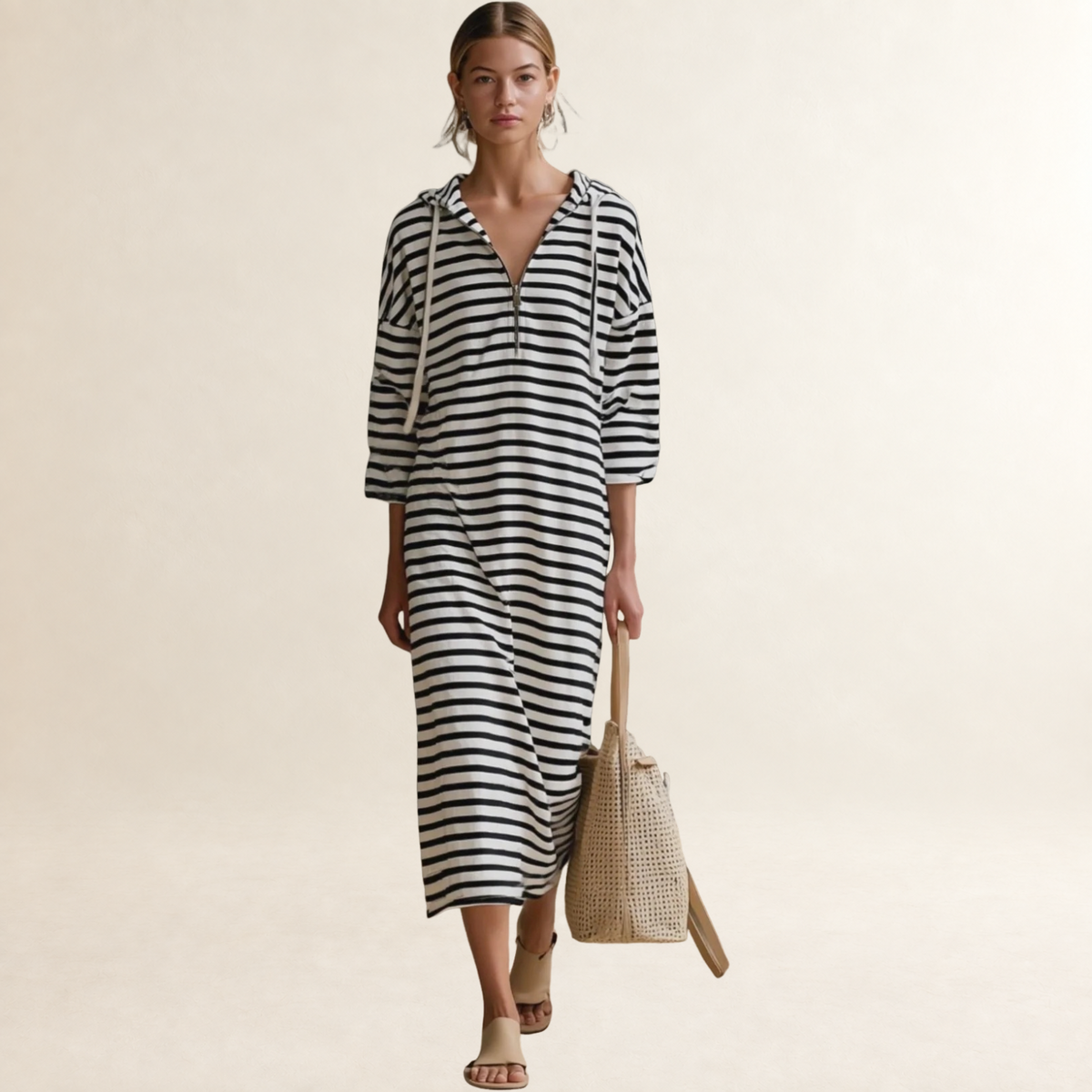 Hooded Midi Dress for Women Striped Design Half-Zip Regular Fit