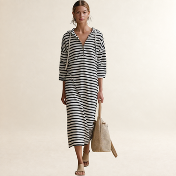 Hooded Midi Dress for Women Striped Design Half-Zip Regular Fit
