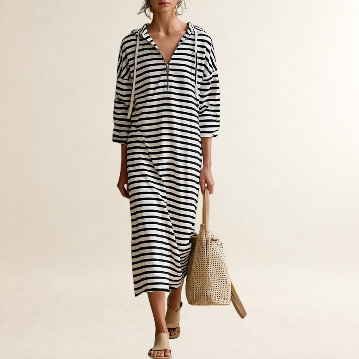 Hooded Midi Dress for Women Striped Design Half-Zip Regular Fit