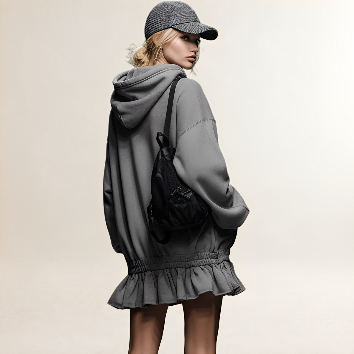 Hooded Mini Dress for Women Ruffled Hem Oversized Fit