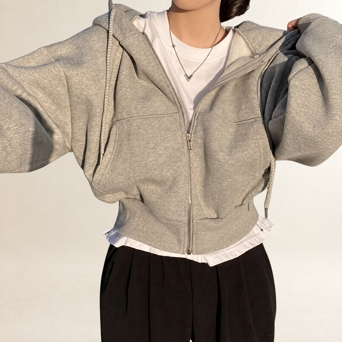 Hoodie Women Cropped Zip Front with Hood - Relaxed Fit