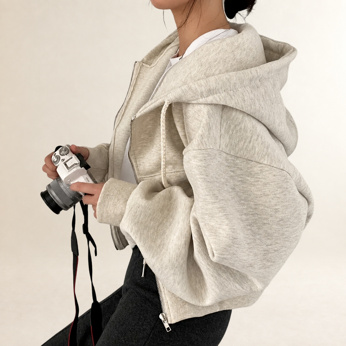 Hoodie Women Cropped Zip Front with Hood - Relaxed Fit