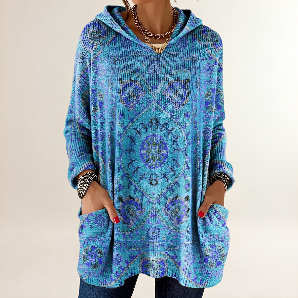 Hoodie Women's Tunic-Length Relaxed Fit Long Sleeve with Pockets Retro Ethnic Print
