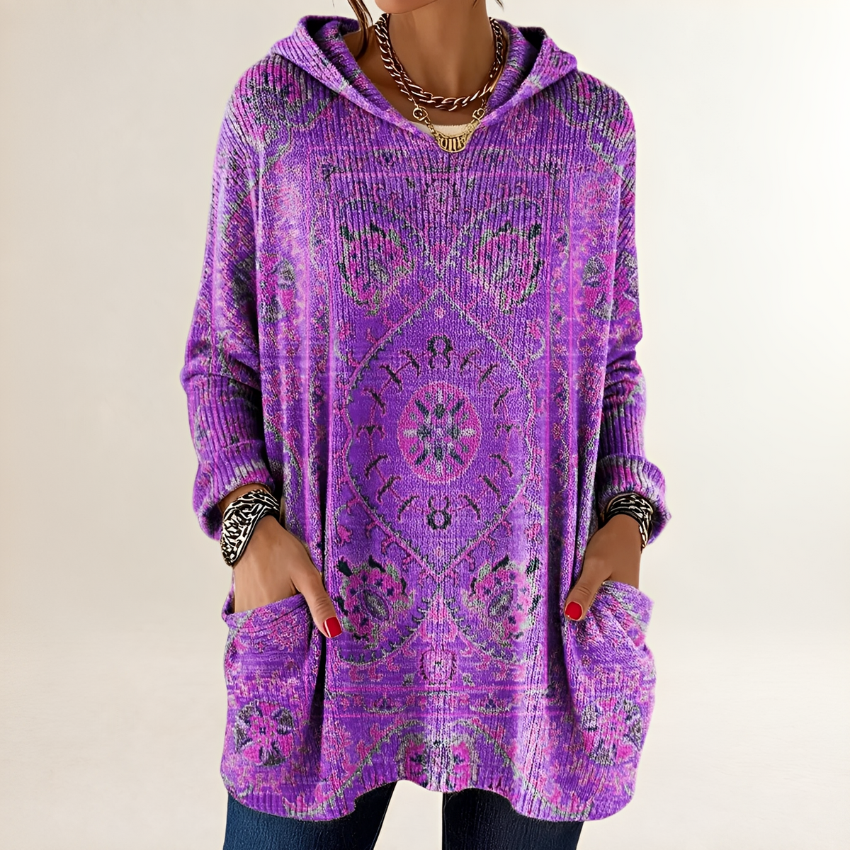 Hoodie Women's Tunic-Length Relaxed Fit Long Sleeve with Pockets Retro Ethnic Print