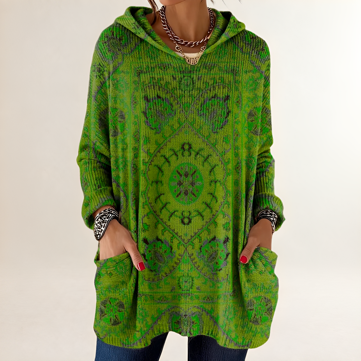 Hoodie Women's Tunic-Length Relaxed Fit Long Sleeve with Pockets Retro Ethnic Print