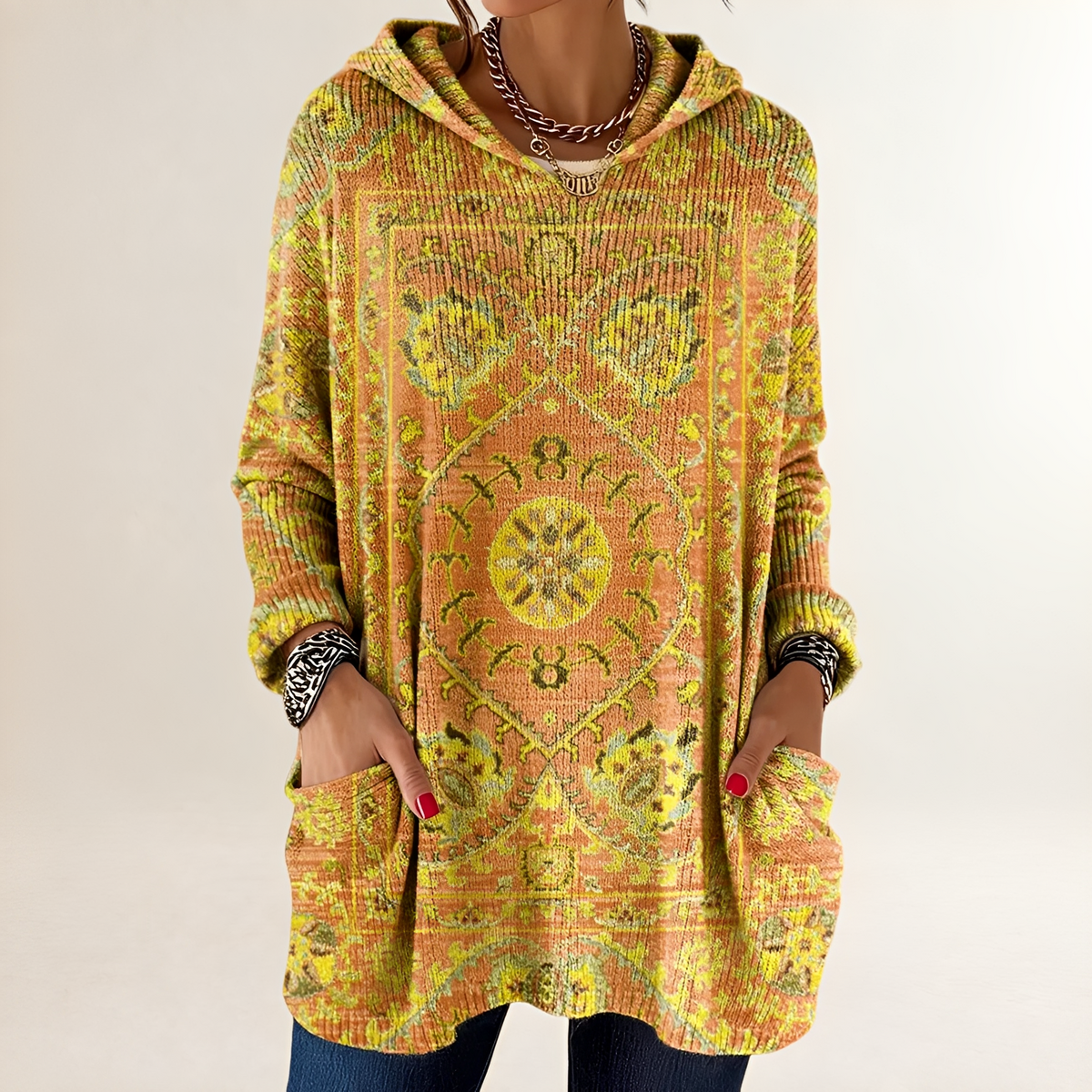 Hoodie Women's Tunic-Length Relaxed Fit Long Sleeve with Pockets Retro Ethnic Print