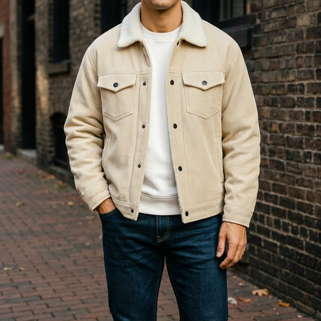 Jacket for Men - Button Closure, Classic Fit, Turn-Down Collar, Side Pockets