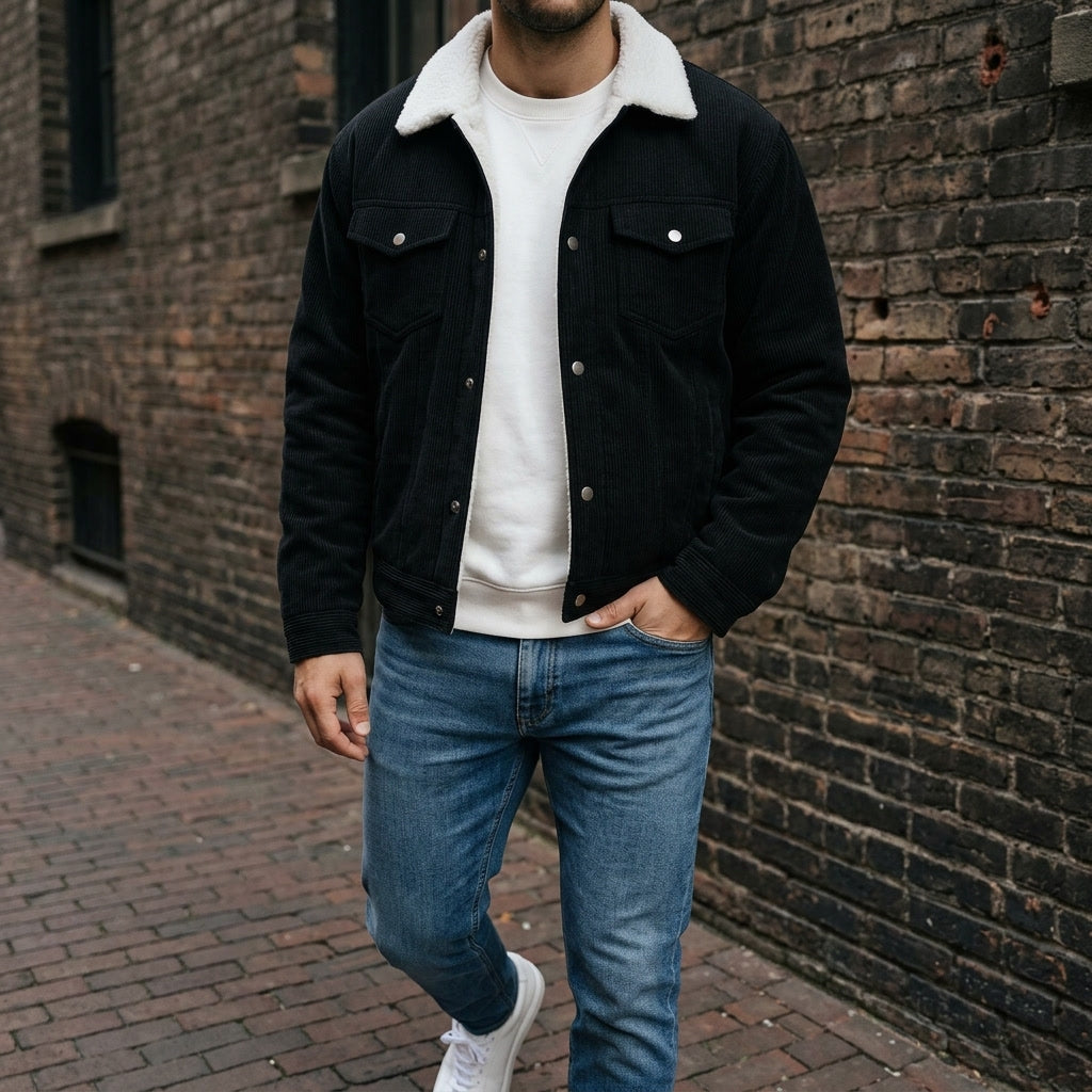 Jacket for Men - Button Closure, Classic Fit, Turn-Down Collar, Side Pockets