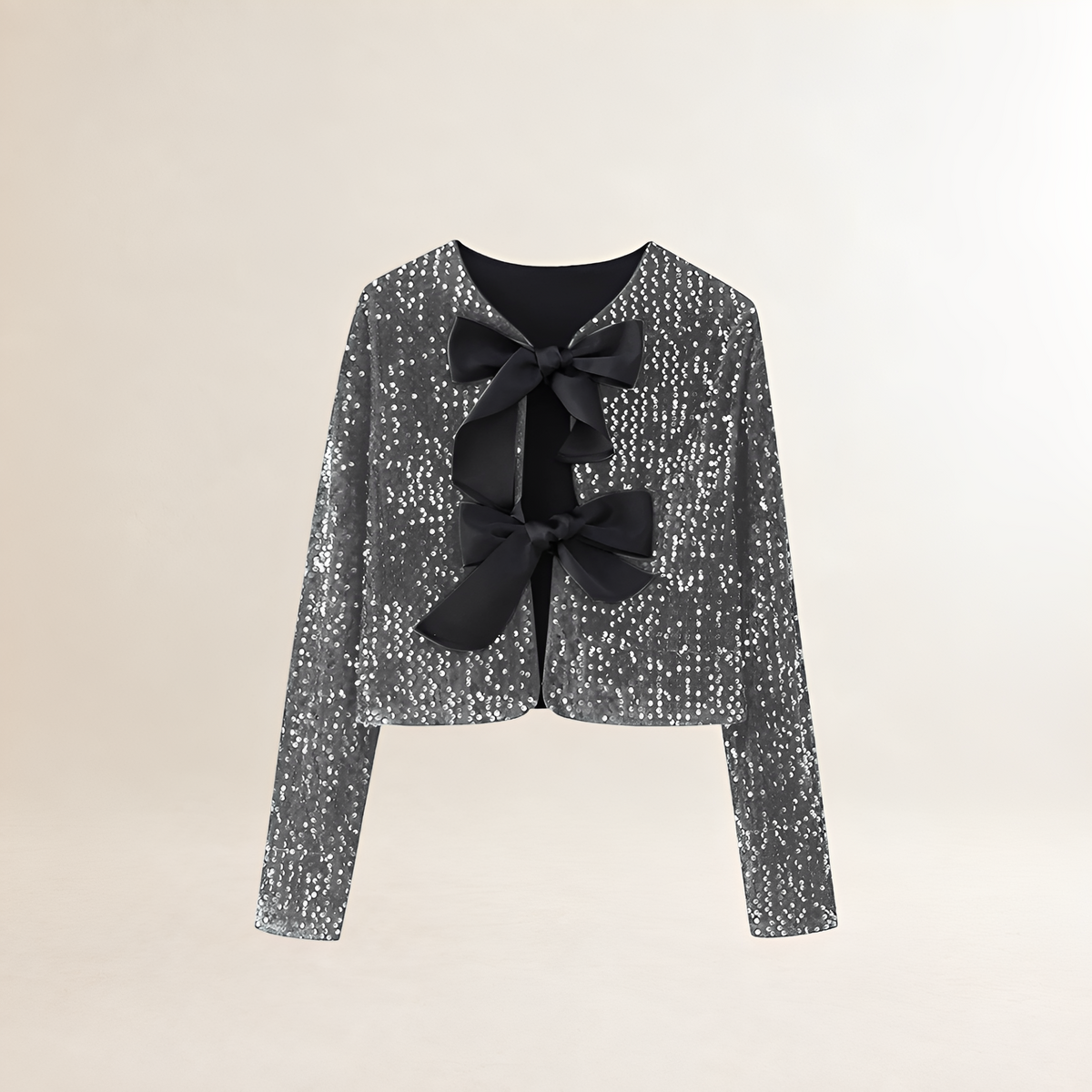 Jacket for Women - Sequined with Bowknot Detail, Long Sleeve, Crop Fit