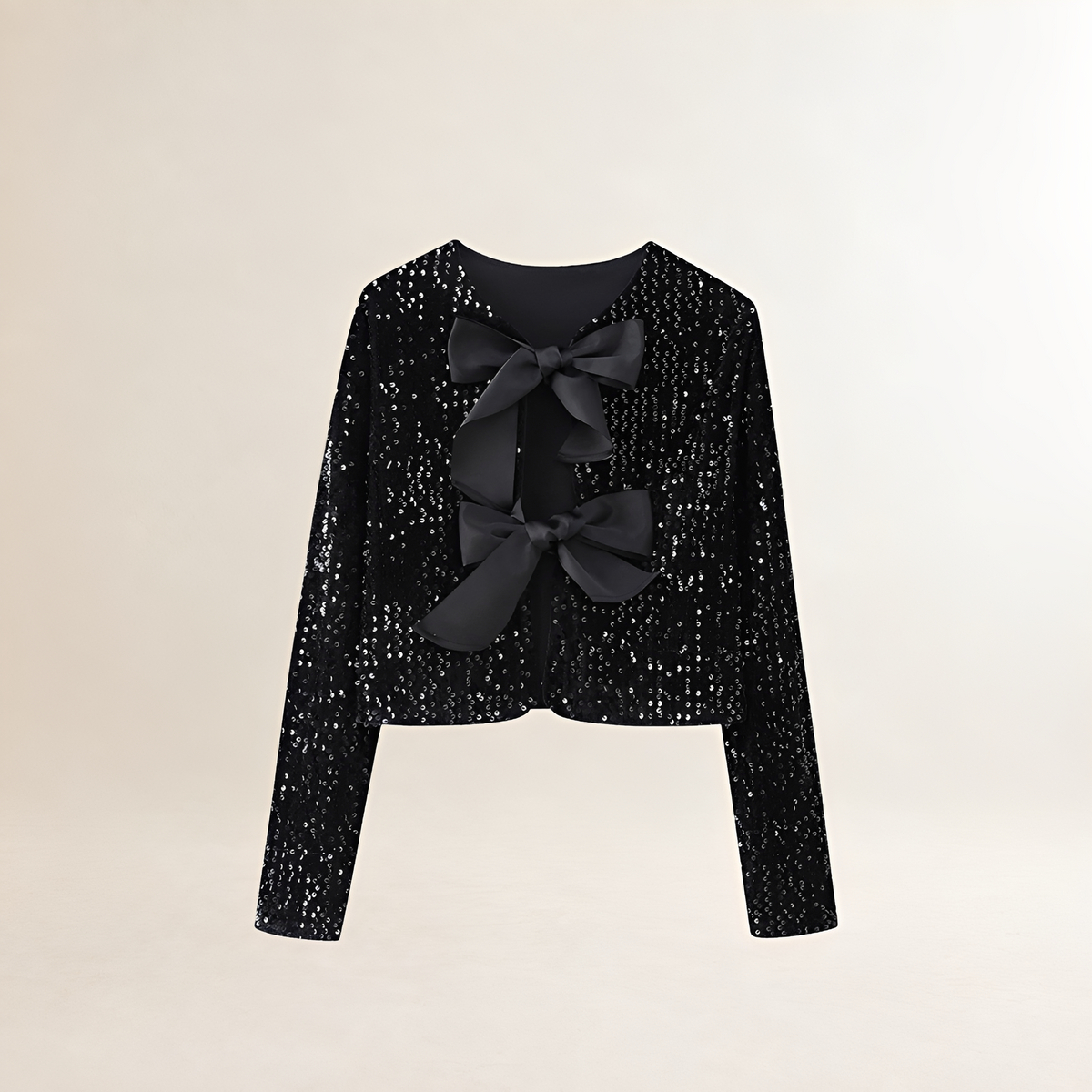 Jacket for Women - Sequined with Bowknot Detail, Long Sleeve, Crop Fit