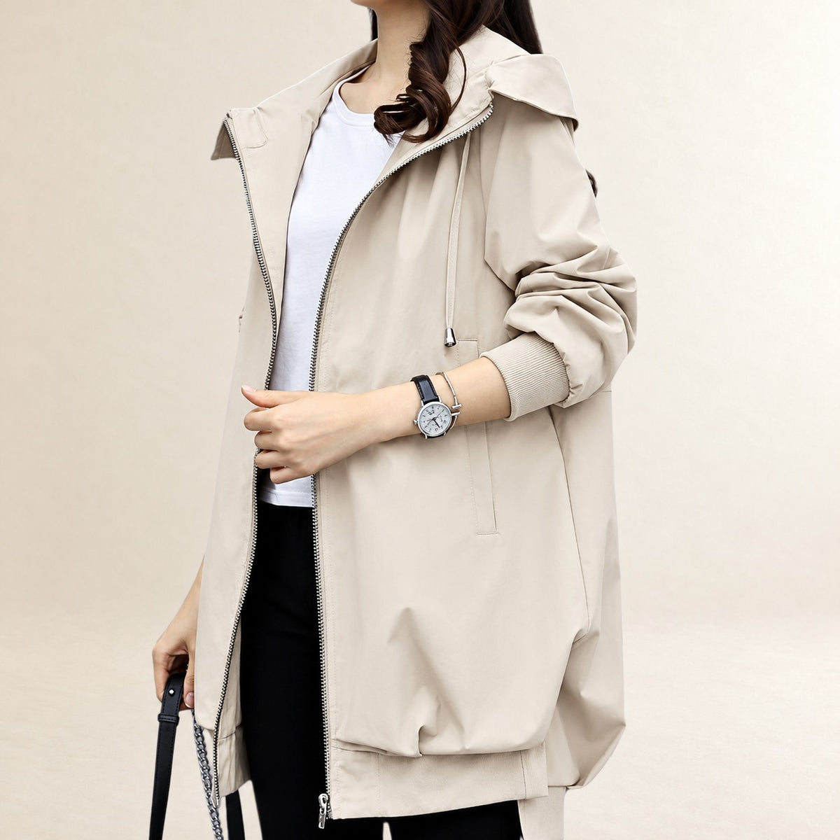 Jacket Women Hooded Zip Front Casual Outerwear - Modern Fit with Pockets