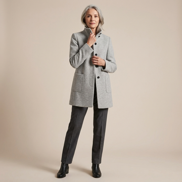 Jacket, Women's High-Collar Button-Front, Hip-Length with Side Pockets, Relaxed Fit