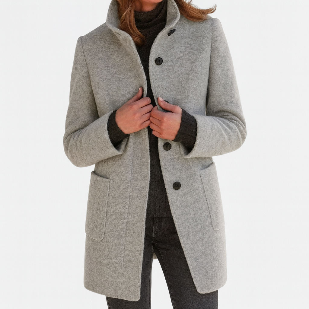 Jacket, Women's High-Collar Button-Front, Hip-Length with Side Pockets, Relaxed Fit
