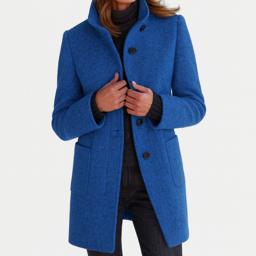 Jacket, Women's High-Collar Button-Front, Hip-Length with Side Pockets, Relaxed Fit